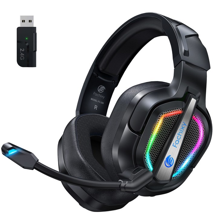 파치시 FC200 게이밍 헤드셋 PC PS4 PS5 2.4G 무선 블루투스 헤드폰 3D 사운드 RGB 노이즈 캔슬링 마이크 1200mAh, 올블랙