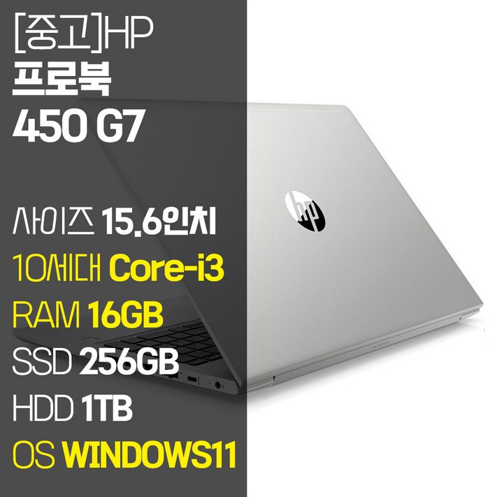 HP ProBook 450 G7 15.6인치 인텔 10세대 Corei3 RAM 16GB NVMe SSD 256GB1TB  HDD 1TB 윈도우11설치 사무용 중고노트북, 실버, ProBook 450 G7, 코어i3, 1256GB, 16GB, WIN11 Pro