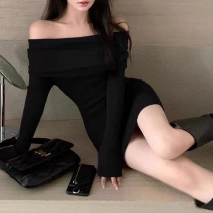 아이엠몽 여성 오프숄더 셔링 긴팔 슬림 미니 원피스
