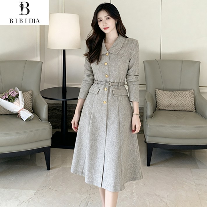 비비디아 여성 봄 가을 클래식 카라넥 금장버튼 플레어핏 하객룩 오피스룩 원피스 데일리룩벨트포함5573