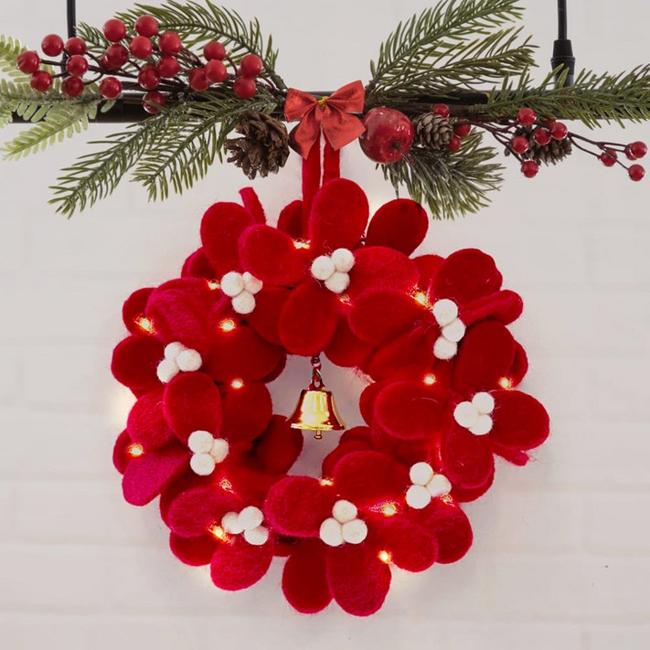 크리스마스리스만들기 고급양모 꽃잎리스 LED장식, 양모리스초록꽃골드