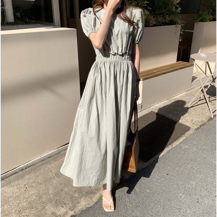 메이 밴딩 소매퍼프 벌룬 셔링 루즈핏 a라인 플레어 여름 코튼 러블리 롱 원피스2color