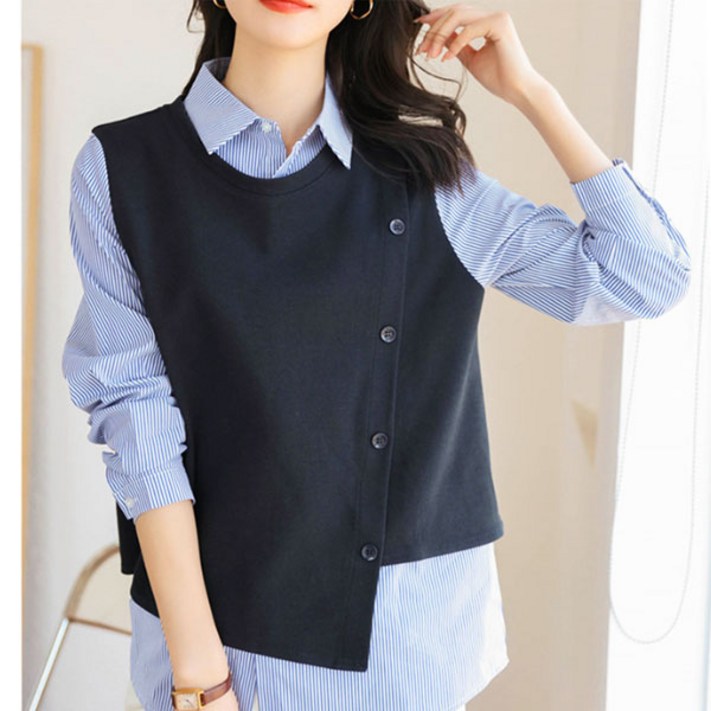 여성 정장 배색블라우스 레이어드 데일리룩 블라우스 조끼 카라 스트라이프 셔츠 T18 여성 정장 배색블라우스 레이어드 데일리룩 블라우스 조끼 카라 스트라이프 셔츠 T18