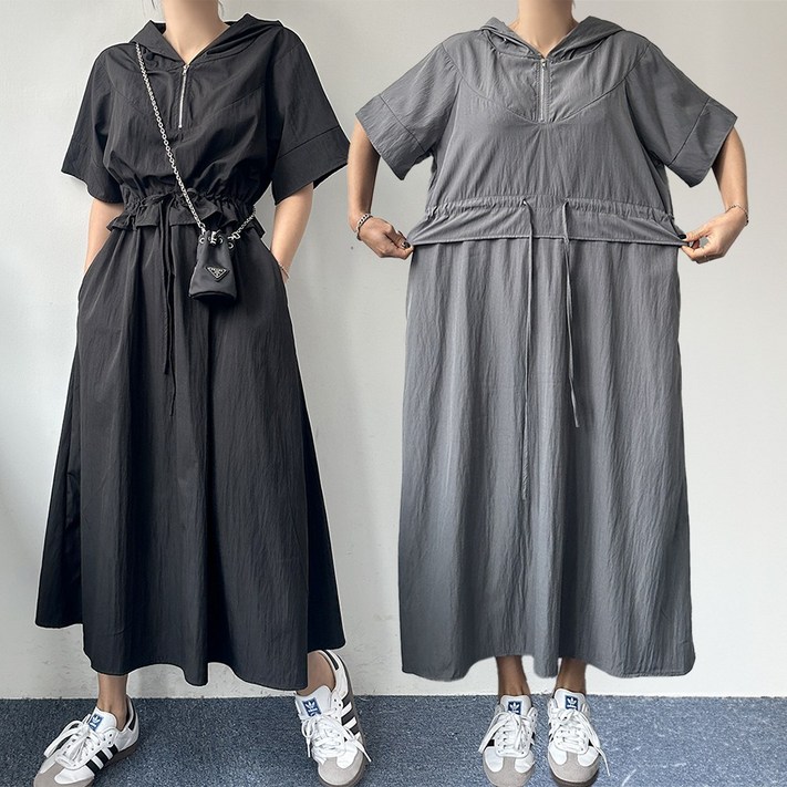 에이스토리 루즈핏 후드 반집업 허리셔링 아노락 반팔 롱원피스 바캉스원피스