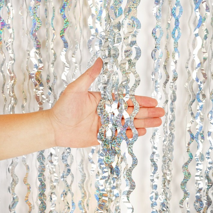 파티짱 웨이브 홀로그램 파티 커튼 장식 포토존 배경, 웨이브 파티커튼 홀로그램 실버, 4개