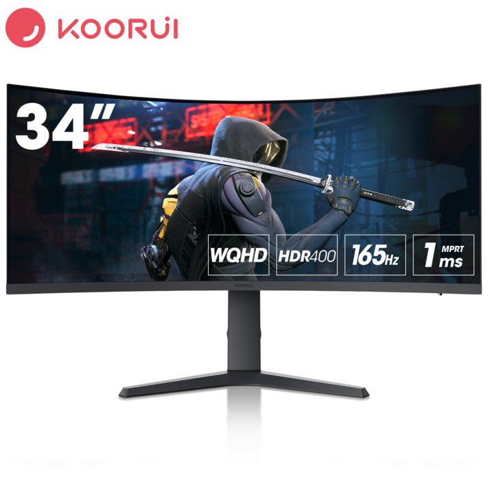 KOORUI 86.4cm 1000R 커브드 게이밍 모니터 2K WQHDHDR165HzMPRT 1ms 상하좌우조절틸트가능벽걸이지원,34E6UC블랙, 34E6UC