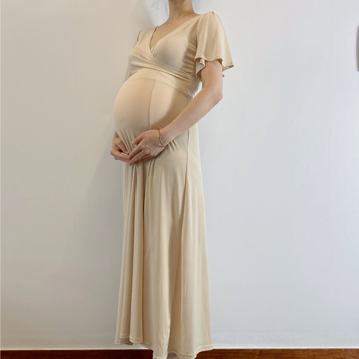  바로배송  랩원피스 날개 소매 블랙 베이지 임산부 만삭 촬영 원피스 주수 사진