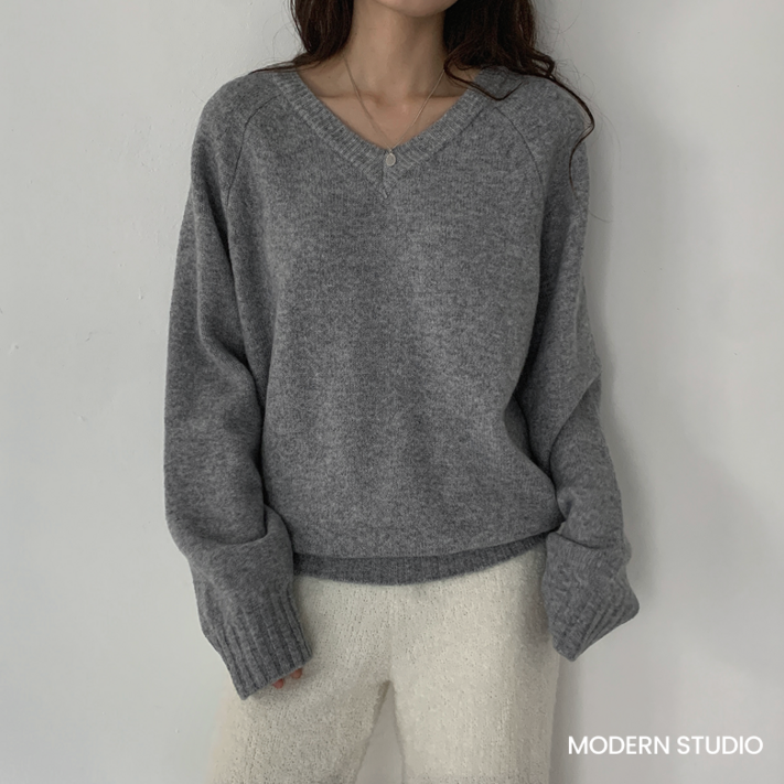 모던스튜디오 여성용 브이넥 루즈핏 니트 빅사이즈