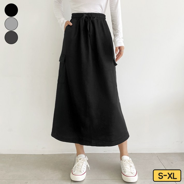 가비진 여성용 뒷트임 밴드 카고 A라인 롱스커트 트레이닝 긴치마