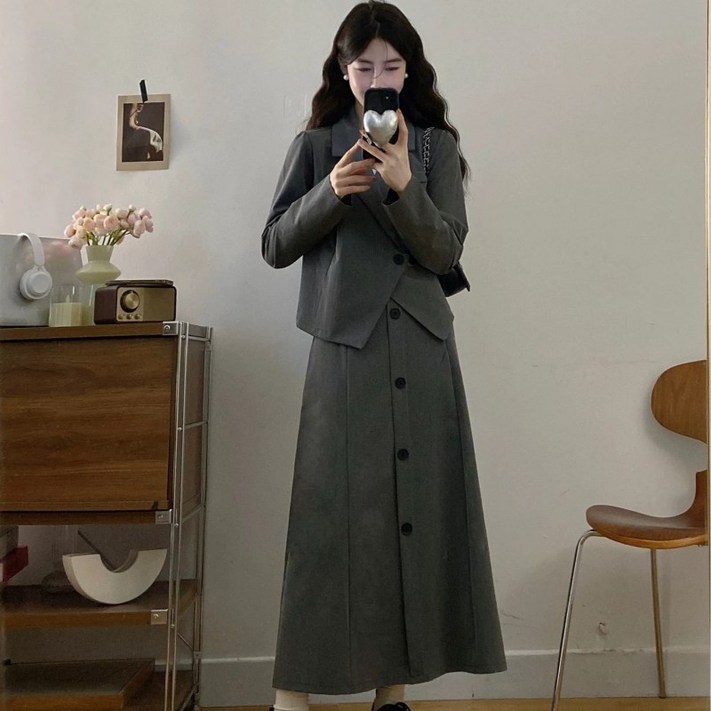 여성 봄 가을 고급 정장 세트 빅사이즈 오피스룩 투피스 세트 데일리룩 치마 투피스 패션 하객룩 롱 스커트 세트