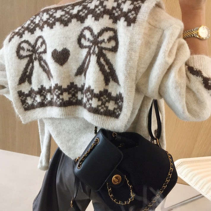 아이미마인 투리본 패턴 숄 머플러가디건 루즈핏 브이넥 투피스세트 니트 3color