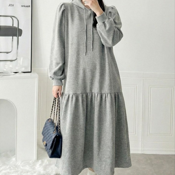 나인테일 여성 겨울 기모 오버핏 루즈핏 큐티한 퍼프 소매 히든포켓 셔링 머메이드 롱치마 후드 엘사원피스 4컬러