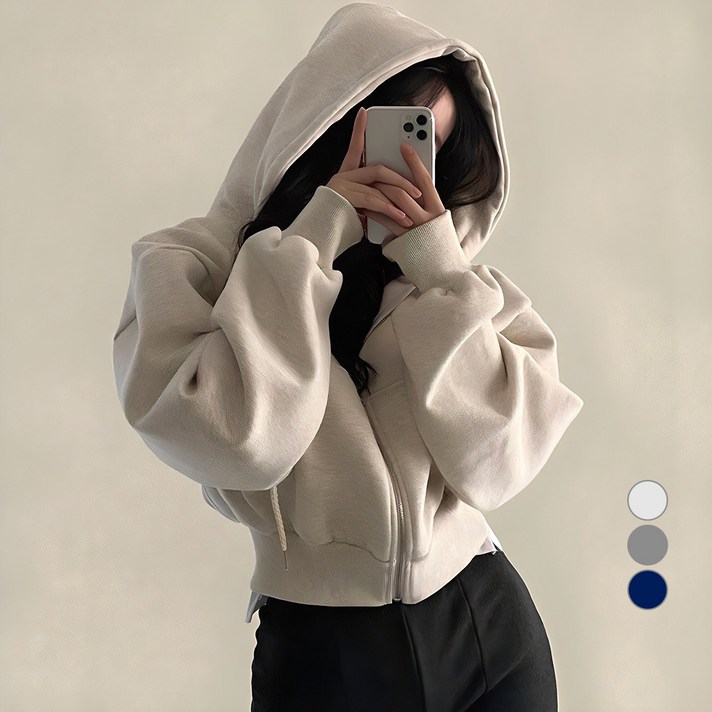 아이엠몽 여성용 우라메 무지 슬림핏 크롭 후드 집업