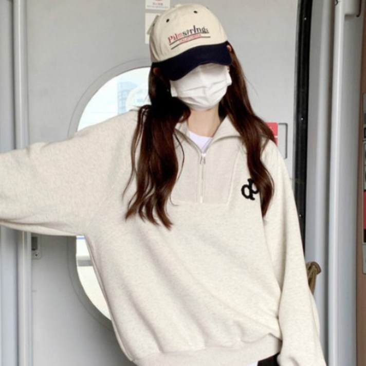 파라다이소 여성용 아이캔심플 꾸안꾸 하프 집업 카라 오버핏 맨투맨