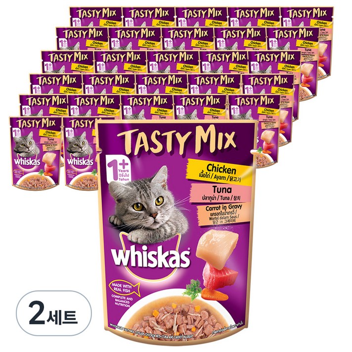 위스카스 어덜트용 테이스티 믹스 닭고기 참치와 당근 in 그레이비 고양이 주식파우치