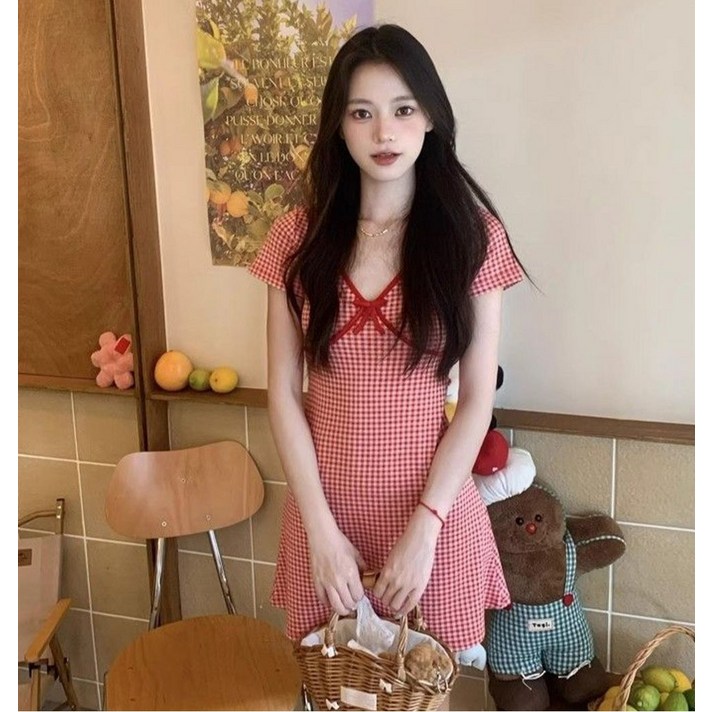 피어니스트 브이넥 리본 체크 러블리 반팔 미니원피스