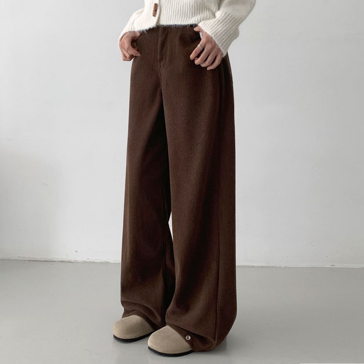 플랜데이 여성용 숏미디움롱 기장 라카 기모 코듀로이 스냅 와이드팬츠