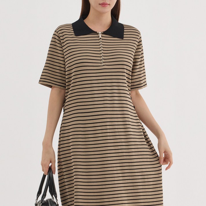 엘쏘 반집업 루즈핏 스트라이프 카라 롱 반팔 니트 원피스