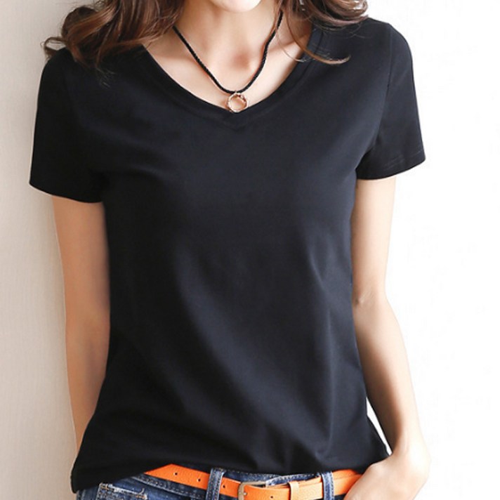 구디프 여성용 심플 브이넥 코튼 반팔 티셔츠 기본템