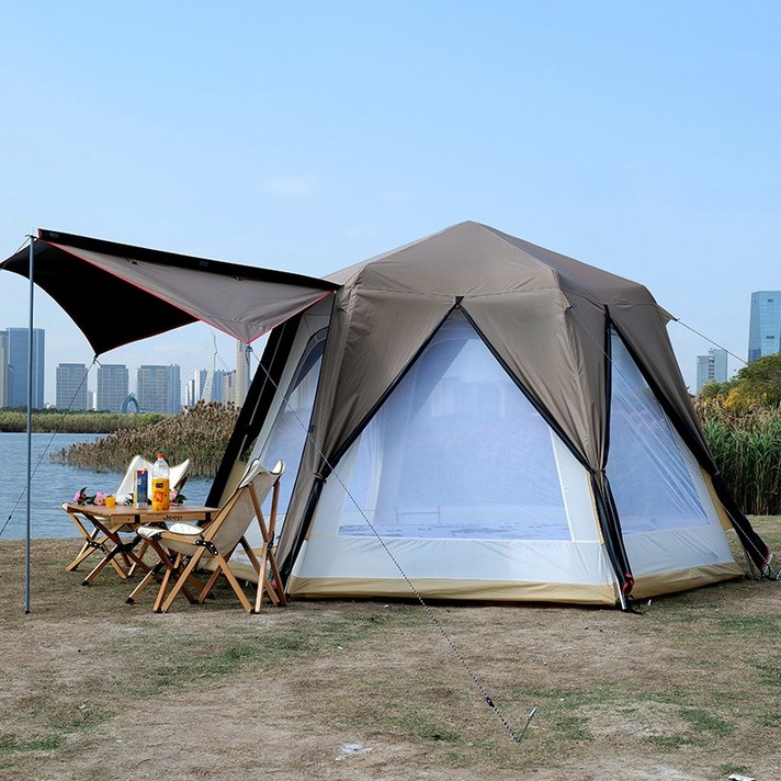 Zebeer 초대형 원터치 텐트 이중 방수 캠핑용 패밀리텐트 육각 돔텐트 48인용, 샴페인 커피