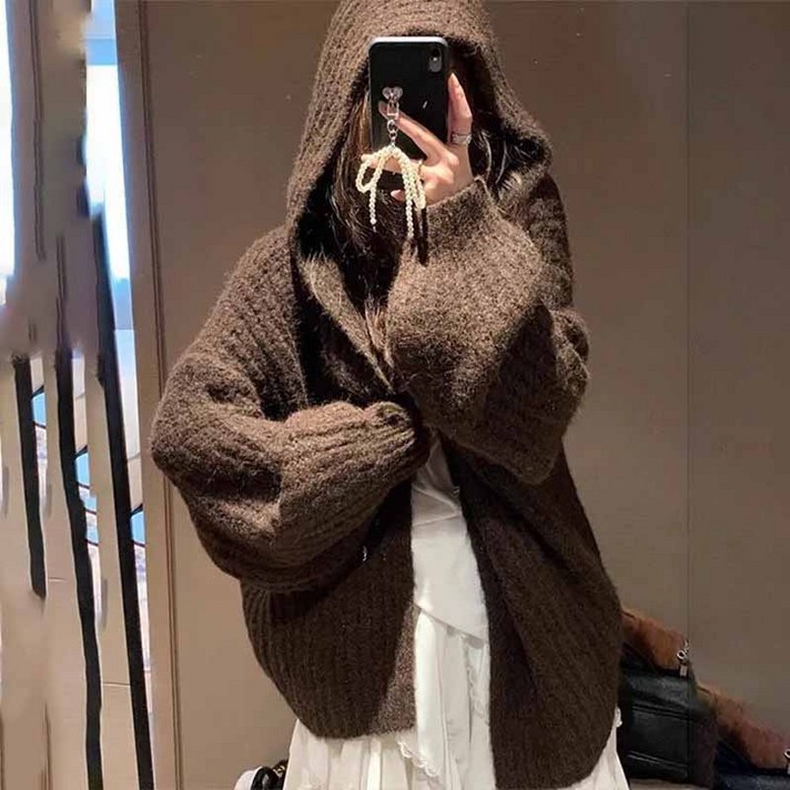 AOKADA 여성 가을 오버핏 후드 니트 가디건