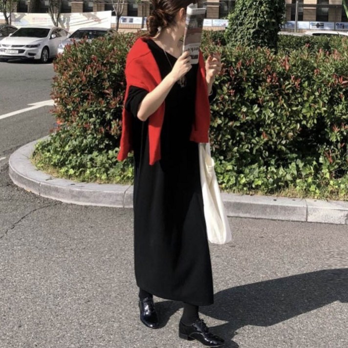 루어스룸 데일리 간절기 여성 루즈핏 브이넥 데일리룩 베이직 빅사이즈 니트 원피스 하객룩 니트원피스