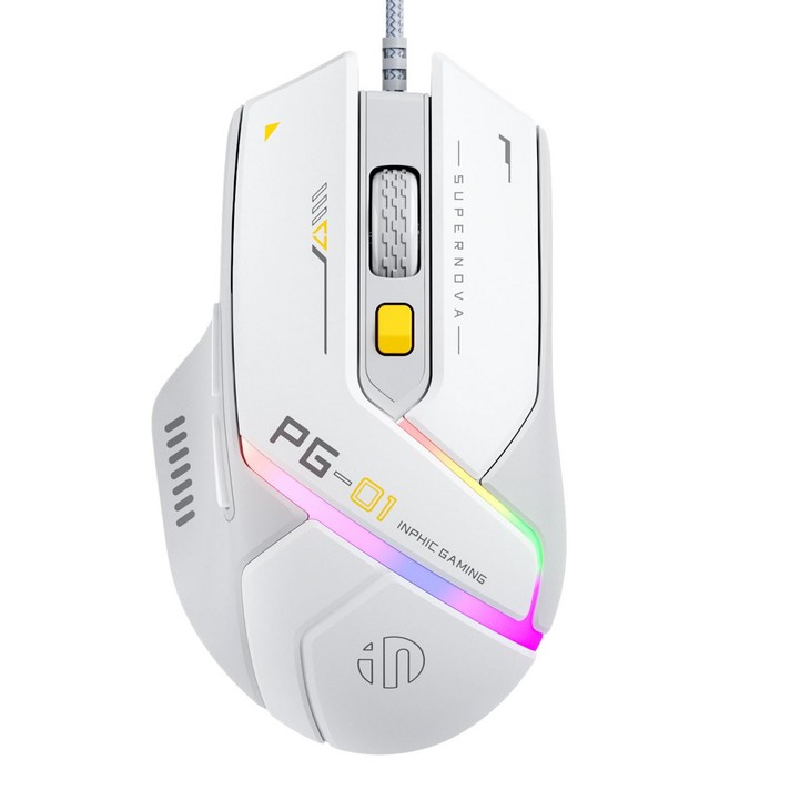 Inphic PG1 게임용 마우스 RGB 매크로 프로그래밍 기능 탑재 6버튼 인체공학적 USB 유선 게이밍 마우스, 화이트