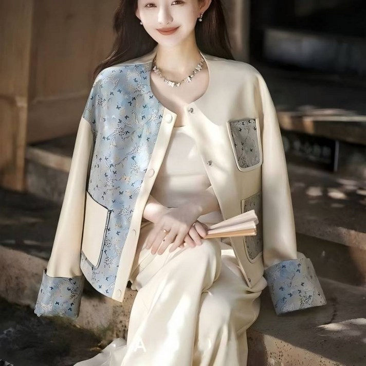 COSYEVNO 자카드 펀칭 레더 숏 코트 여 봄 가을 상의