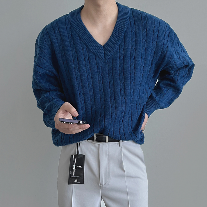 국내제작 무지샵 남자 두툼 꽈베기 브이넥 오버핏 니트