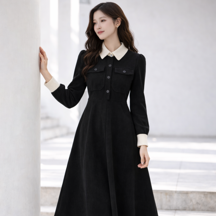 체형커버 배색카라 빅포켓 롱원피스 여성 출근 하객룩