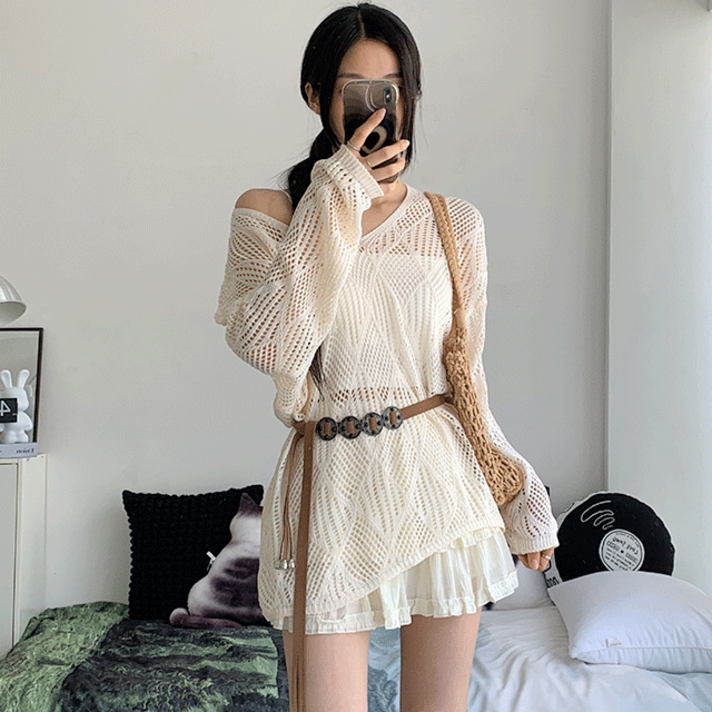 보헤미안코디set3col 나띠 그물 언발 니트 캡나시 벨트 세트