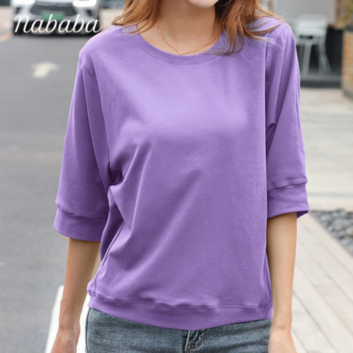 나바바 NT1432 여성 심플 데일리 무지 라운드넥 5부 맨투맨