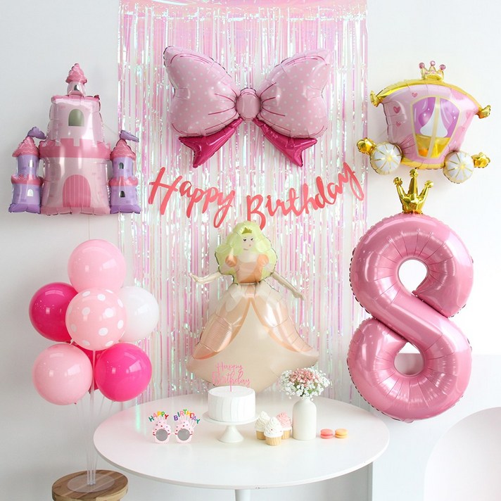이벤트홀릭 공주 풍선 생일파티용품세트 핑크 성 캐슬 마차