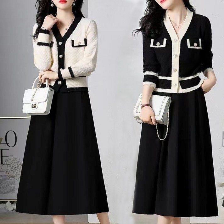 여성 투피스 치마세트 트위드 니트 플레어 스커트 결혼식 하객룩 정장세트 빅사이즈