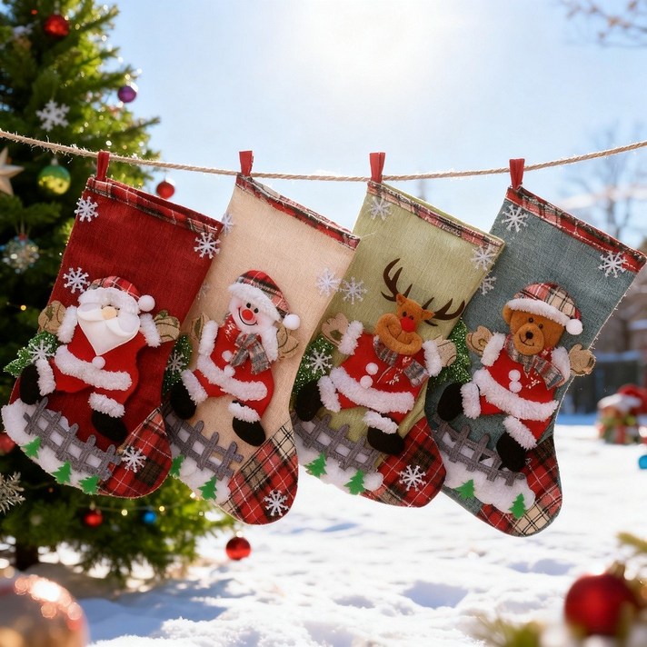 고급 산타양말 크리스마스 선물주머니 성탄절 벽걸이 장식 4개, 1세트, 산타양말