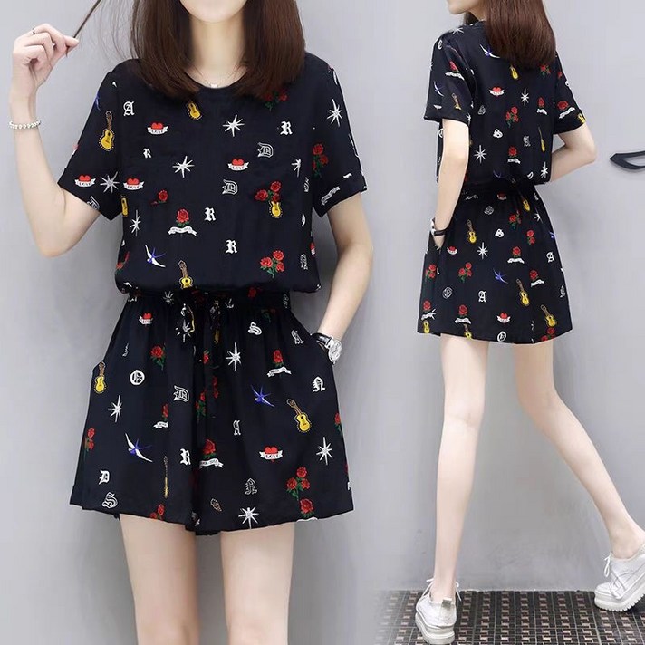 Hasvz 여름 여자 트레이닝복 세트 빅 사이즈 큐티 프린트 일상 트랜드 루즈핏 반팔 반바지 세트