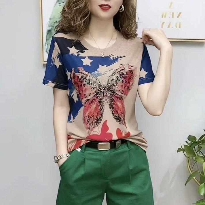 여름 중년여성 반팔티 면티 라운드 루즈핏 빅사이즈 배색 나비무늬 큐빅 티셔츠 상의 엄마 4060대 A86
