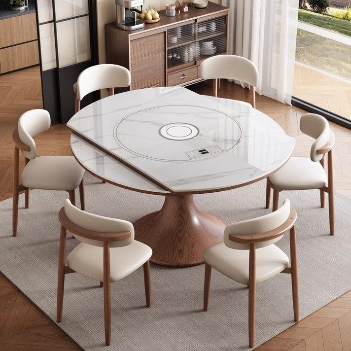 인덕션식탁 확장형 세라믹 원목 전기레인지 회전판 온도조절 테이블, 인덕션식탁 의자미포함