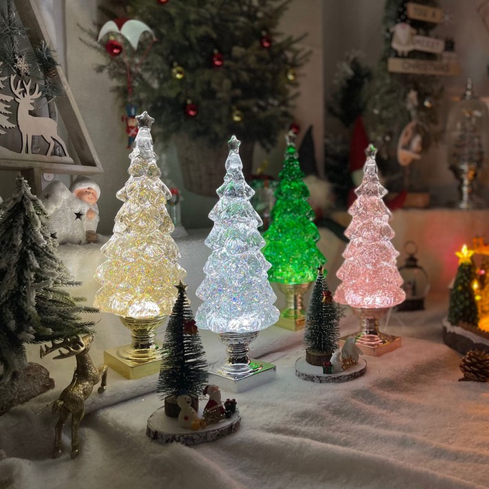 크리스마스트리볼 크리스마스 파인트리 워터볼 오르골 스탠드 투명 아이스 반짝이 무드등 장식 인테리어 소품, 그린