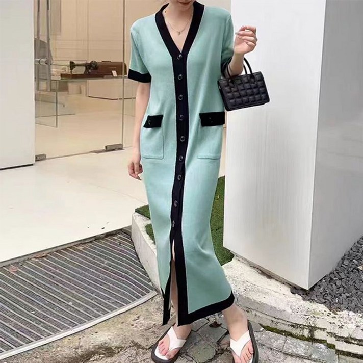 무드무드 배색 반팔 니트 버튼 롱 원피스