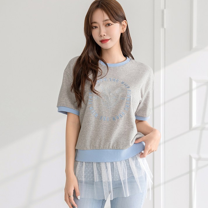 부루앤쥬디 배색 플라워 자수 반팔 티셔츠 ORDTG505A