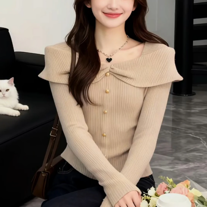 여성 여자 스퀘어넥 골지 슬림핏 셔링 니트 티셔츠 상의