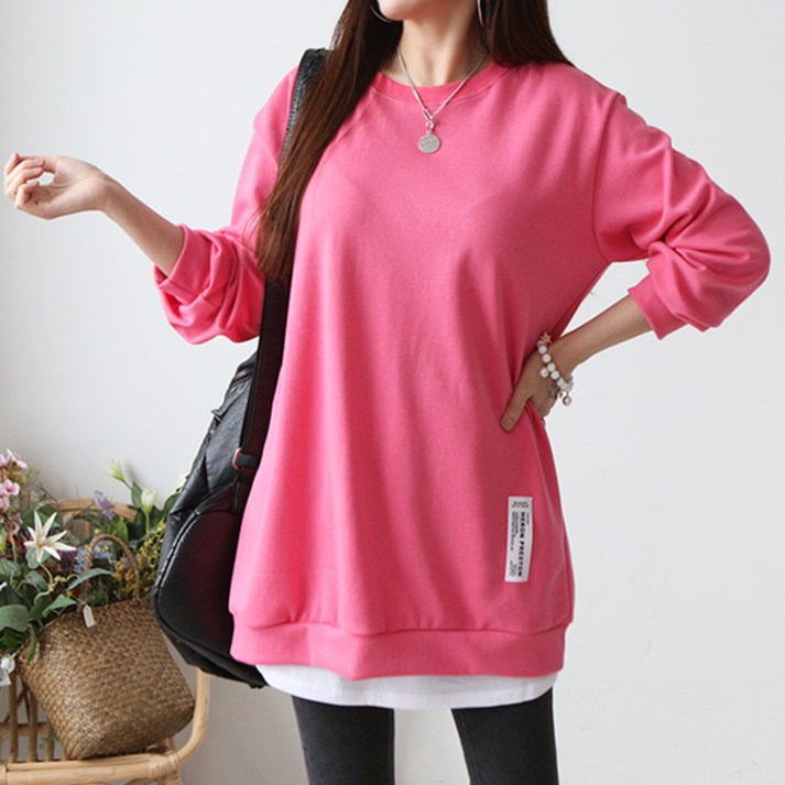 여성용 빅사이즈 오버핏 롱티 데일리룩 박스티 루즈핏 신상 라운드 긴팔 라벨 롱맨투맨