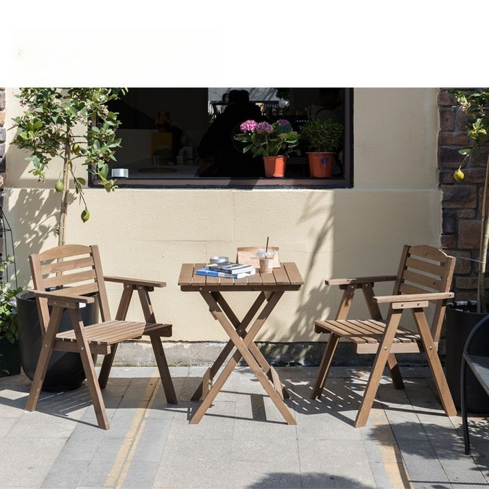 베란다티테이블 2인 세트 홈 카페 야외 접이식 원목색상, 60x60 테이블 + 팔걸이 의자 2개