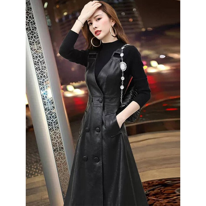 여름 원피스 롱 블랙 가죽 여성 스트랩 미디