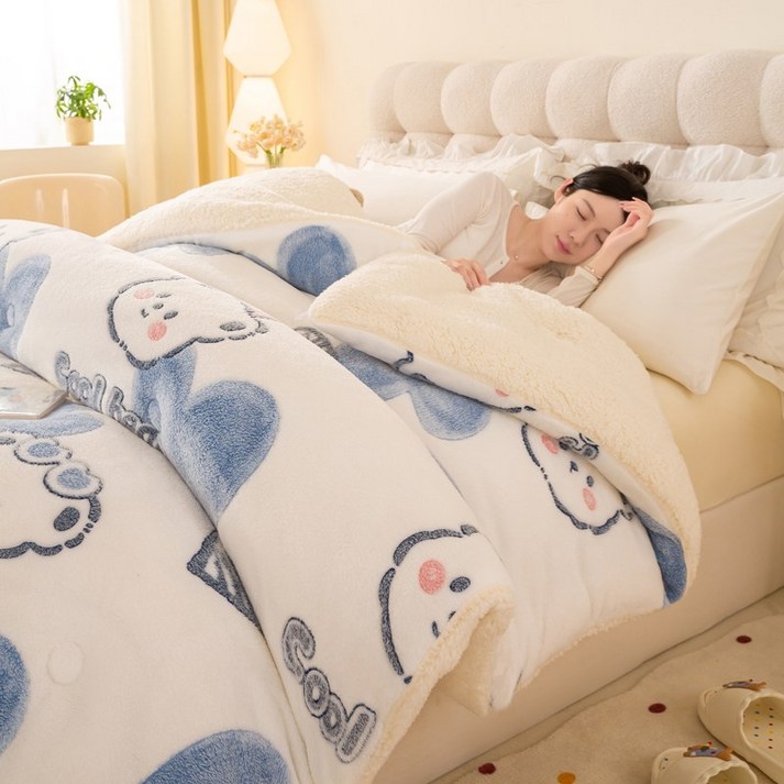 루미숨 자가발열 양털 캐시미어 양면 극세사 두꺼운 이불, 화이트 곰돌이