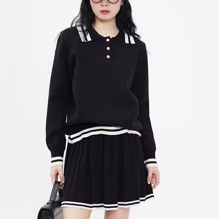 POMTOR 가을겨울 여성 캐주얼 칼라넥 배색 니트 긴팔 스웨터 숏 플리츠 스커트 투피스