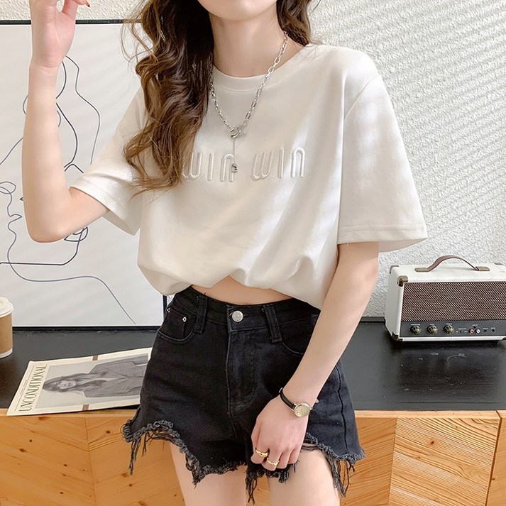 Ogfaour 여름 여자 루즈핏 자수 반팔 티셔츠 O30589