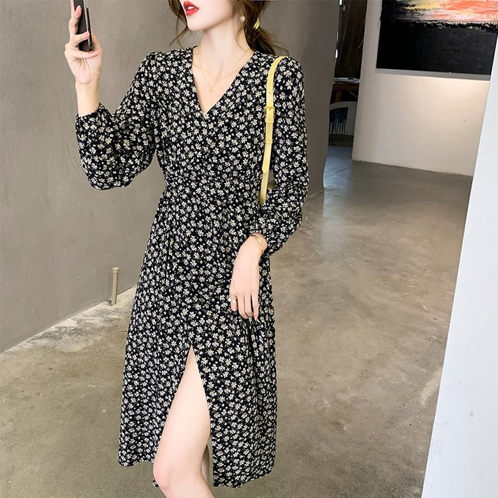 스타일아유 여성 봄 긴팔 브이넥 쉬폰 플라워 롱원피스 랩 드레스 가을 간절기 하프 원피스