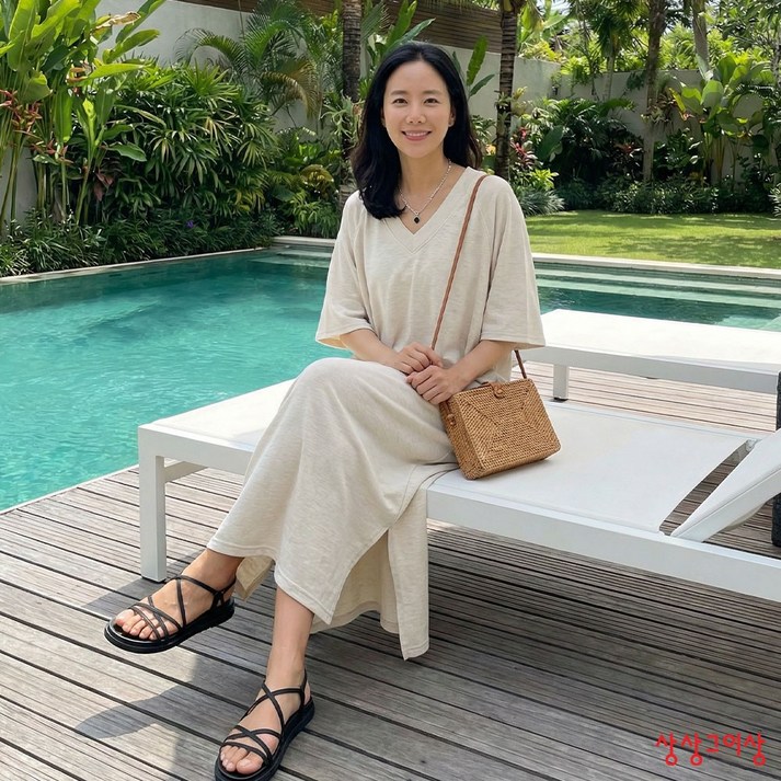 상상그이상 여성용 국내제작 브이넥 나그랑 롱원피스 빅사이즈 면100 캐주얼 포켓 포인트 편안한 데일리 홈드레스